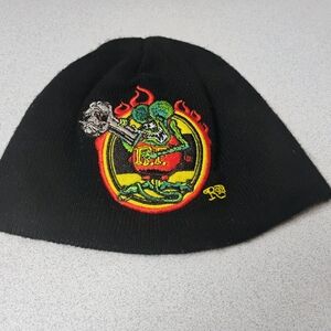 Rat Fink Motor Workz by Ed Roth Black Beanie with Colorful Embroidery